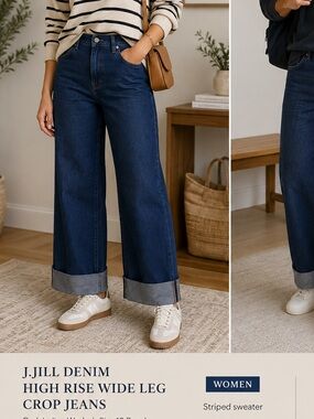 J.Jill Denim NWT High Rise Wide Leg Crop Jeans Cuffed Hem Size 10 Regular